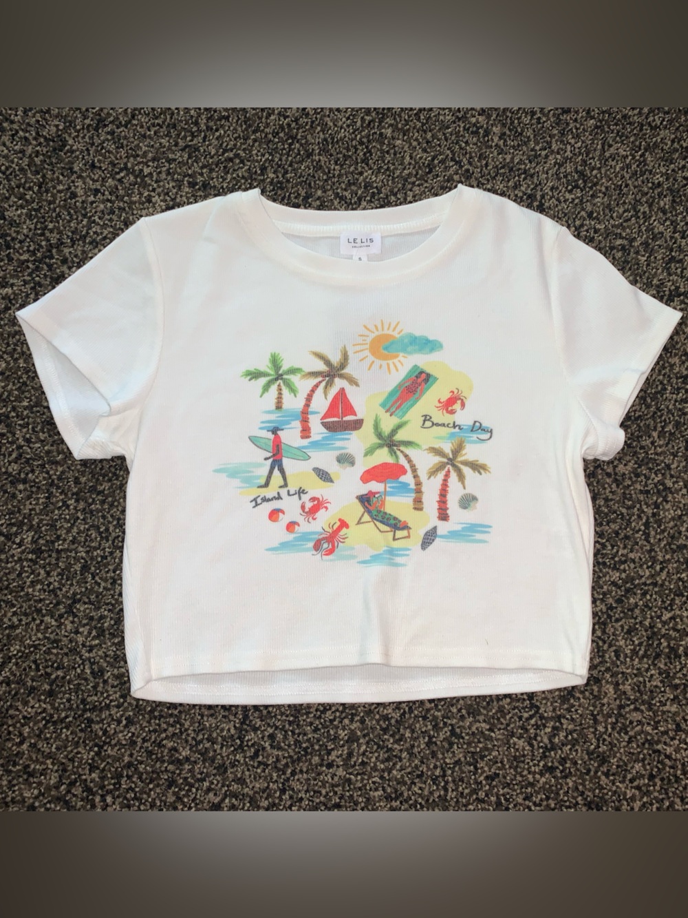 3 for $30 ⚡️ Le Lis White Short Sleeve Beach Graphic Crop Ribbed Tee size S NWT